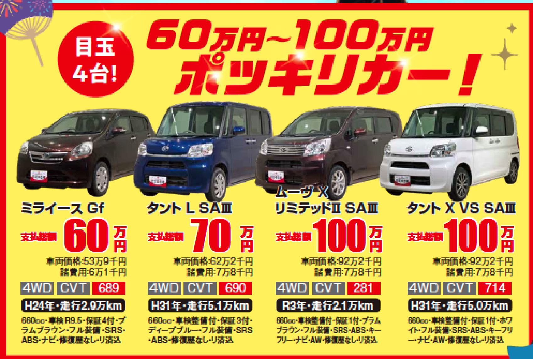 60万円～100万円ポッキリカー！